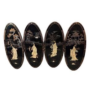 Vintage Asian Black Lacquer Mother of Pearl Inlay Wall Panels Set of 4
